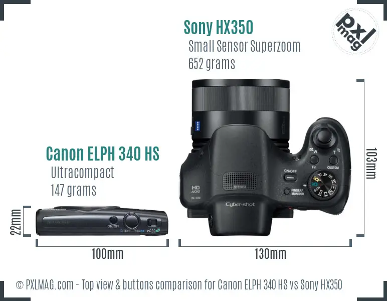 Canon ELPH 340 HS vs Sony HX350 top view buttons comparison Canon ELPH 340 HS vs Sony HX350 top view buttons comparison