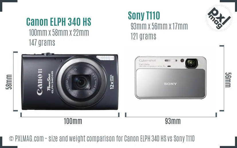 Canon ELPH 340 HS vs Sony T110 size comparison