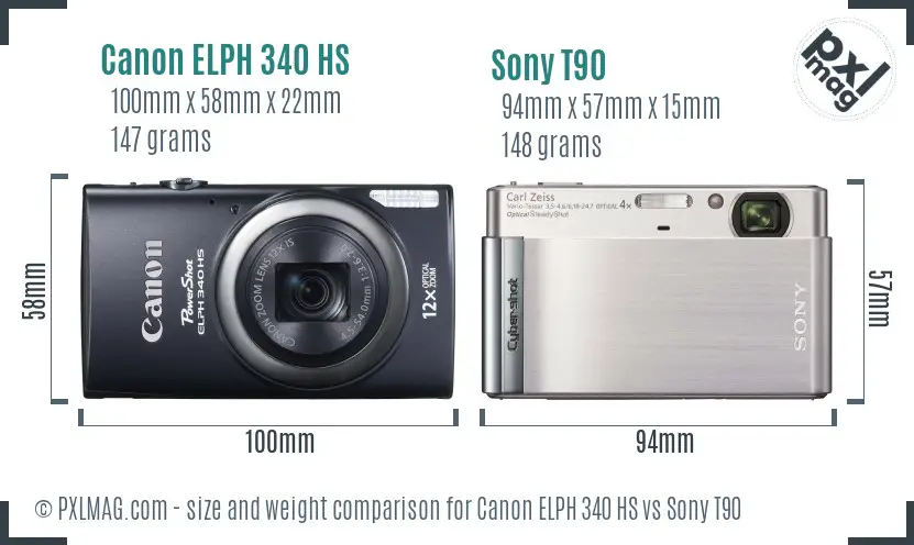 Canon ELPH 340 HS vs Sony T90 size comparison