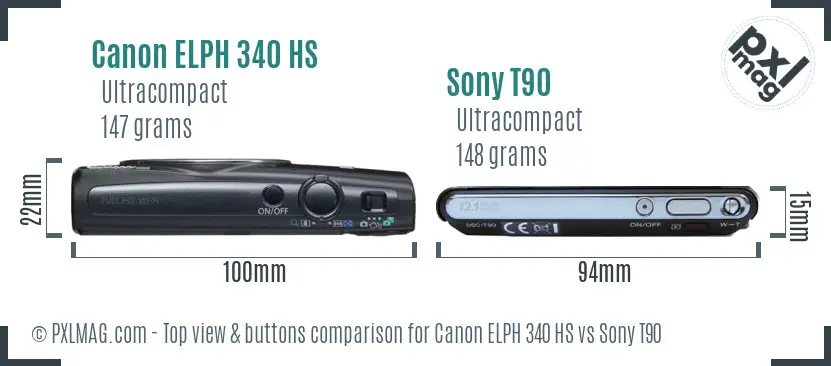 Canon ELPH 340 HS vs Sony T90 top view buttons comparison