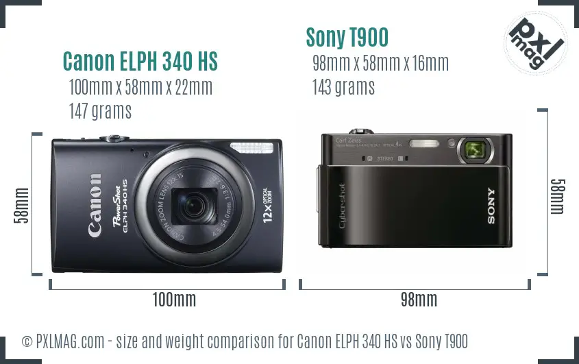 Canon ELPH 340 HS vs Sony T900 size comparison