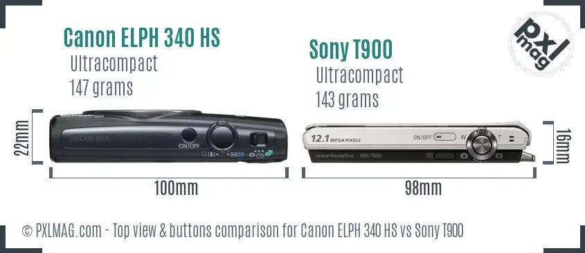 Canon ELPH 340 HS vs Sony T900 top view buttons comparison