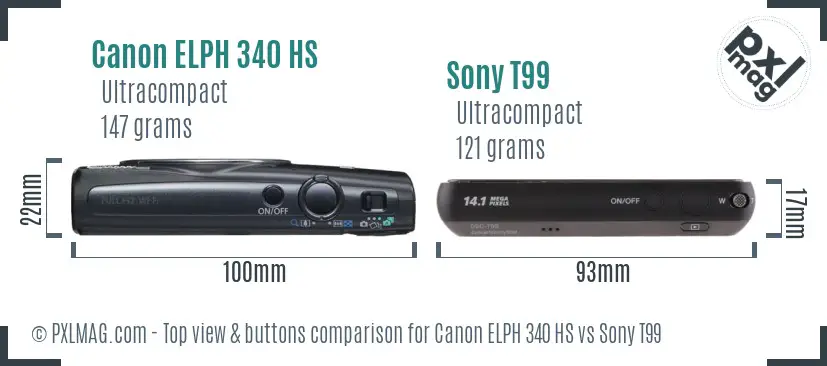 Canon ELPH 340 HS vs Sony T99 top view buttons comparison