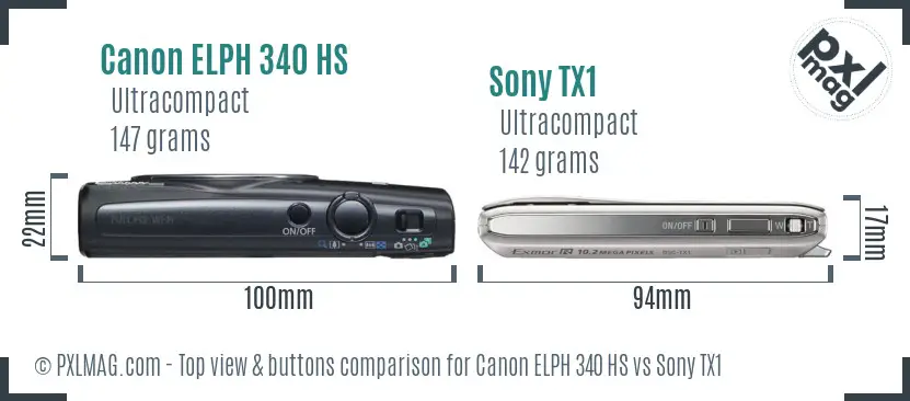 Canon ELPH 340 HS vs Sony TX1 top view buttons comparison