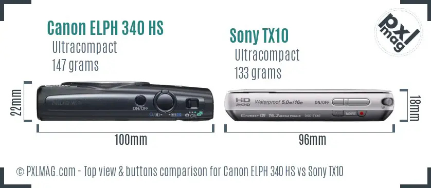 Canon ELPH 340 HS vs Sony TX10 top view buttons comparison