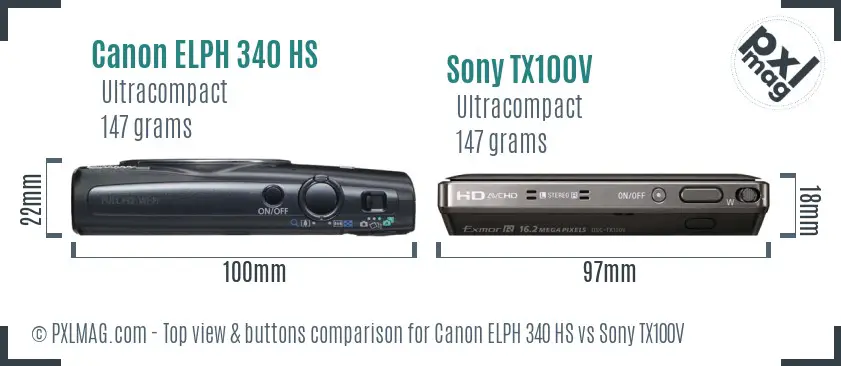 Canon ELPH 340 HS vs Sony TX100V top view buttons comparison