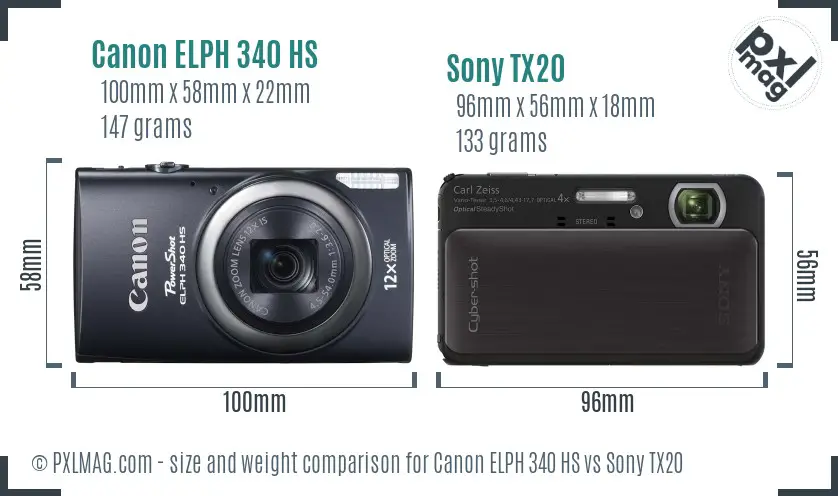 Canon ELPH 340 HS vs Sony TX20 size comparison