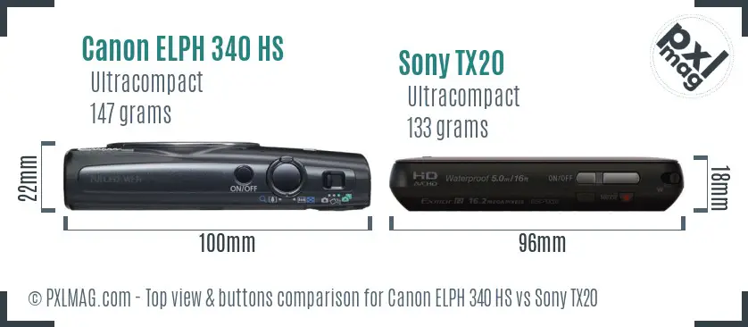 Canon ELPH 340 HS vs Sony TX20 top view buttons comparison