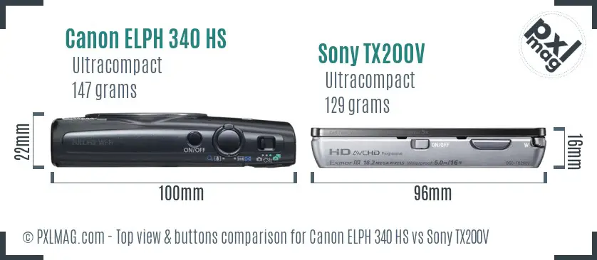 Canon ELPH 340 HS vs Sony TX200V top view buttons comparison