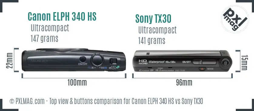 Canon ELPH 340 HS vs Sony TX30 top view buttons comparison