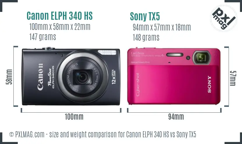 Canon ELPH 340 HS vs Sony TX5 size comparison