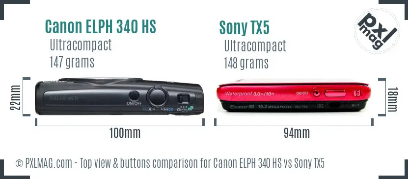 Canon ELPH 340 HS vs Sony TX5 top view buttons comparison