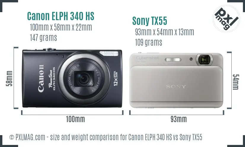 Canon ELPH 340 HS vs Sony TX55 size comparison