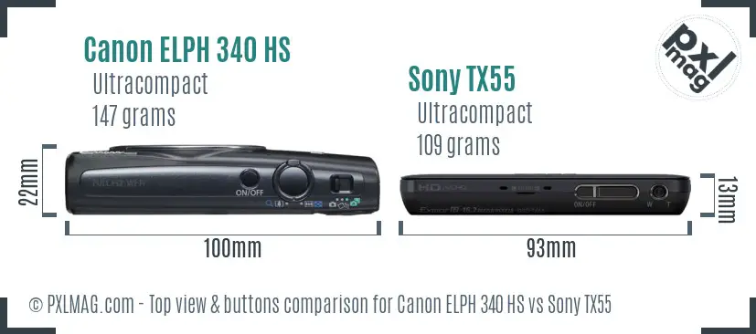 Canon ELPH 340 HS vs Sony TX55 top view buttons comparison