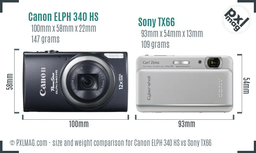 Canon ELPH 340 HS vs Sony TX66 size comparison