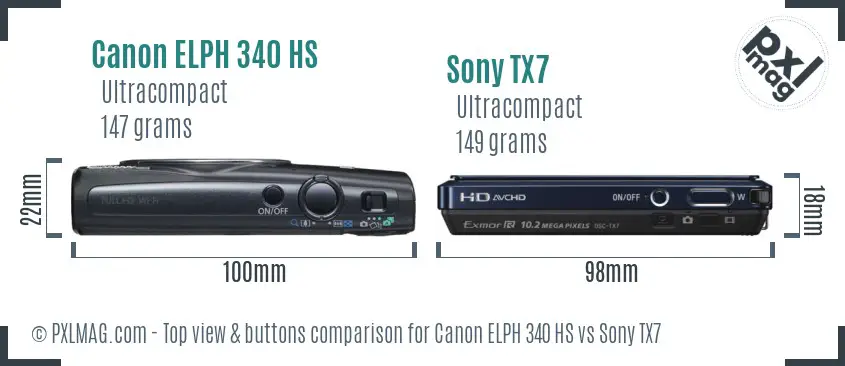 Canon ELPH 340 HS vs Sony TX7 top view buttons comparison