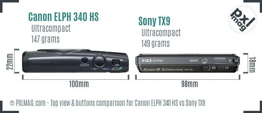 Canon ELPH 340 HS vs Sony TX9 top view buttons comparison