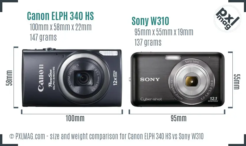 Canon ELPH 340 HS vs Sony W310 size comparison