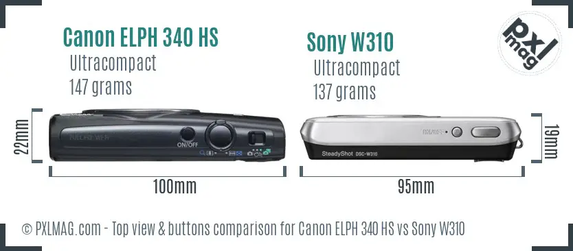 Canon ELPH 340 HS vs Sony W310 top view buttons comparison