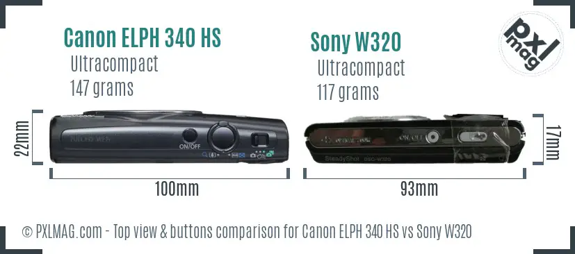 Canon ELPH 340 HS vs Sony W320 top view buttons comparison