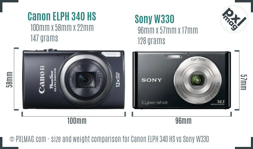 Canon ELPH 340 HS vs Sony W330 size comparison