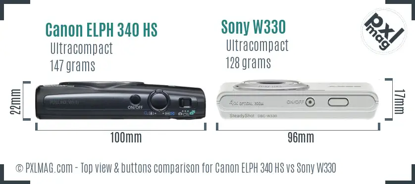 Canon ELPH 340 HS vs Sony W330 top view buttons comparison