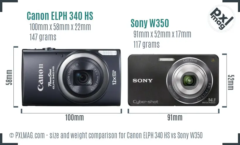 Canon ELPH 340 HS vs Sony W350 size comparison
