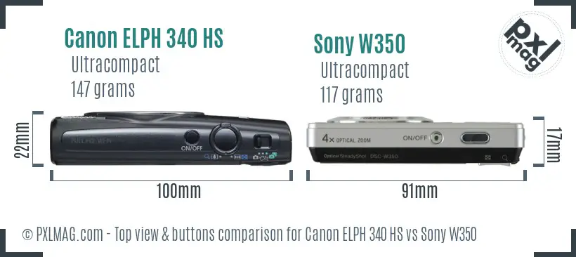 Canon ELPH 340 HS vs Sony W350 top view buttons comparison