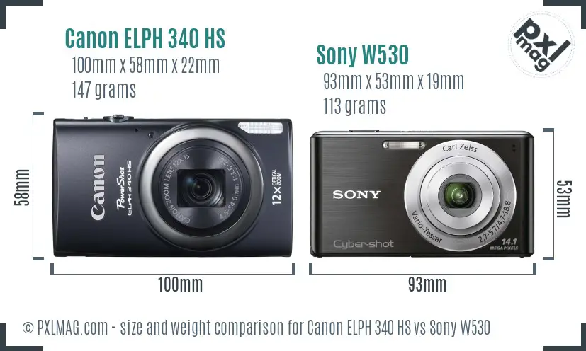 Canon ELPH 340 HS vs Sony W530 size comparison
