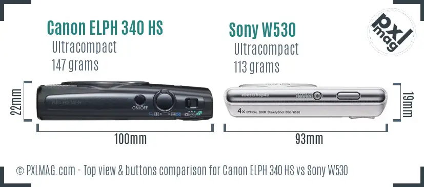 Canon ELPH 340 HS vs Sony W530 top view buttons comparison