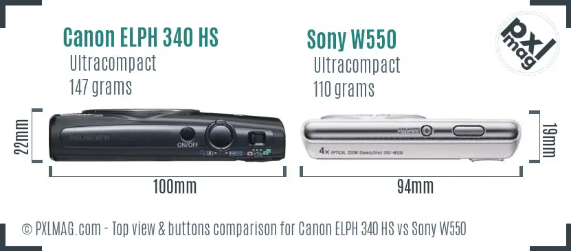 Canon ELPH 340 HS vs Sony W550 top view buttons comparison