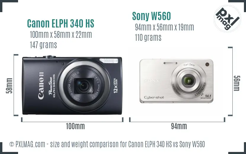 Canon ELPH 340 HS vs Sony W560 size comparison