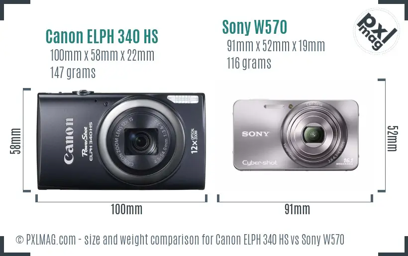 Canon ELPH 340 HS vs Sony W570 size comparison
