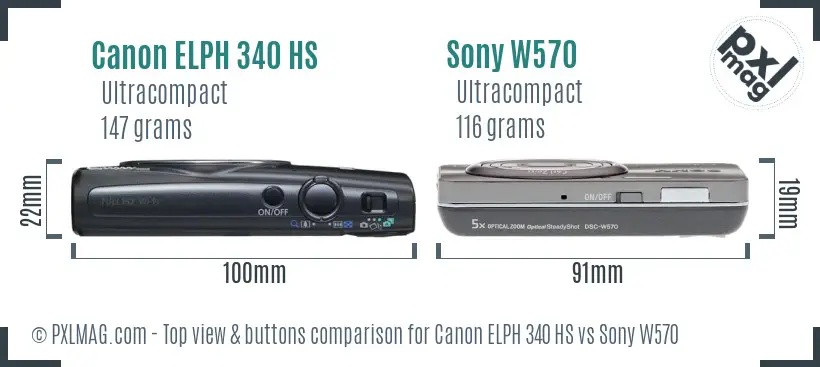 Canon ELPH 340 HS vs Sony W570 top view buttons comparison