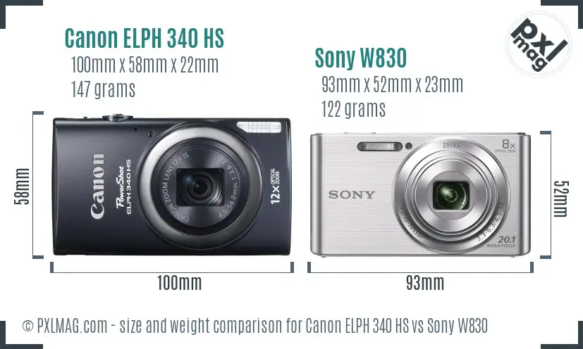 Canon ELPH 340 HS vs Sony W830 size comparison