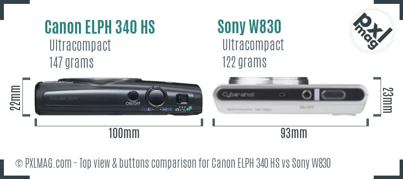 Canon ELPH 340 HS vs Sony W830 top view buttons comparison