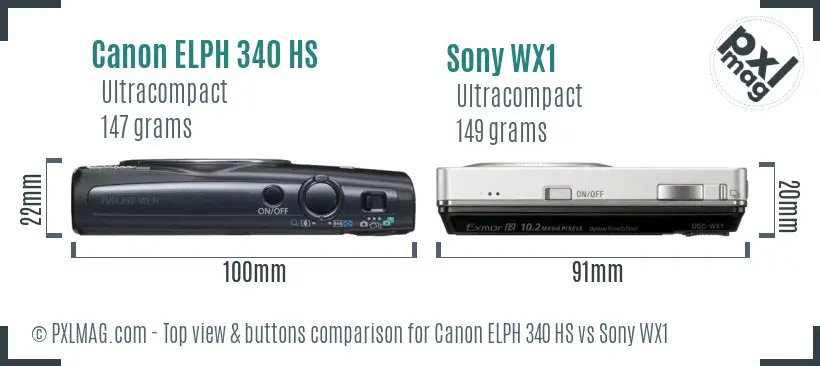 Canon ELPH 340 HS vs Sony WX1 top view buttons comparison