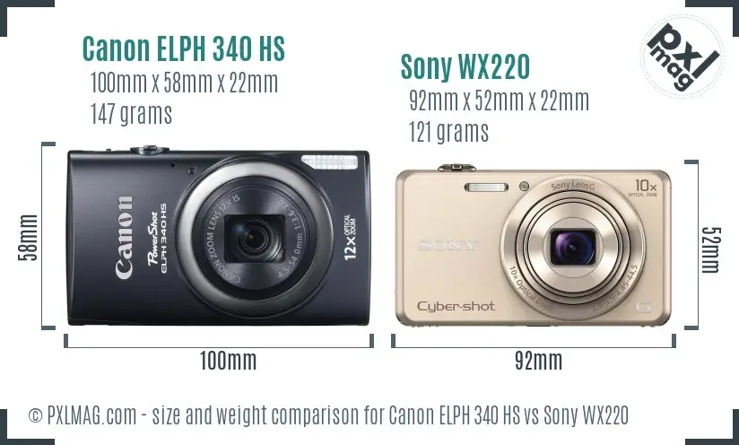 Canon ELPH 340 HS vs Sony WX220 size comparison