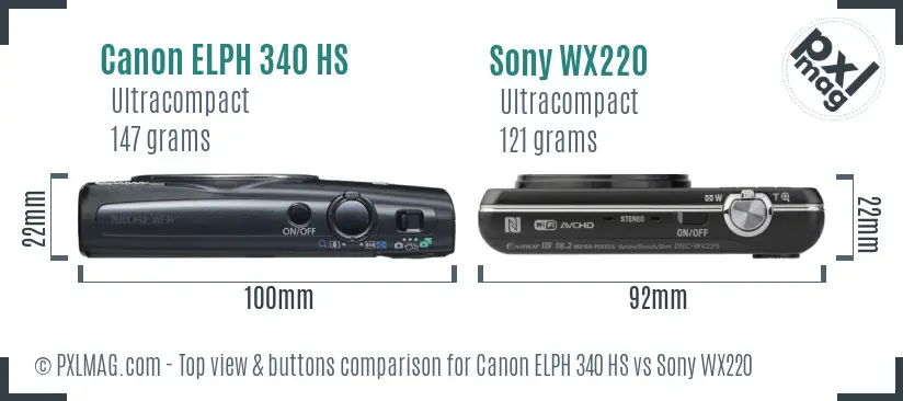 Canon ELPH 340 HS vs Sony WX220 top view buttons comparison