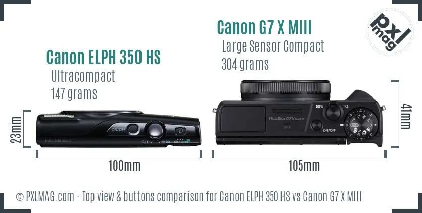 Canon ELPH 350 HS vs Canon G7 X MIII top view buttons comparison Canon ELPH 350 HS vs Canon G7 X MIII top view buttons comparison