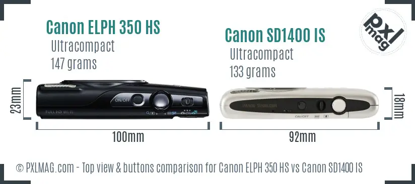 Canon ELPH 350 HS vs Canon SD1400 IS top view buttons comparison