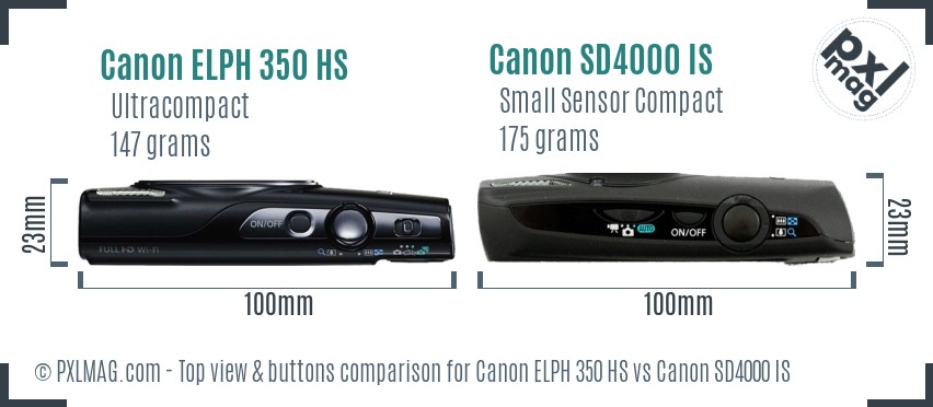 Canon ELPH 350 HS vs Canon SD4000 IS top view buttons comparison