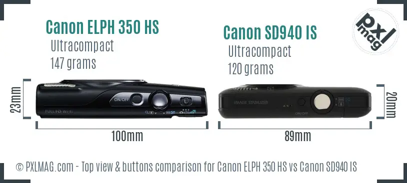 Canon ELPH 350 HS vs Canon SD940 IS top view buttons comparison