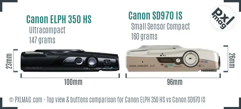 Canon ELPH 350 HS vs Canon SD970 IS top view buttons comparison