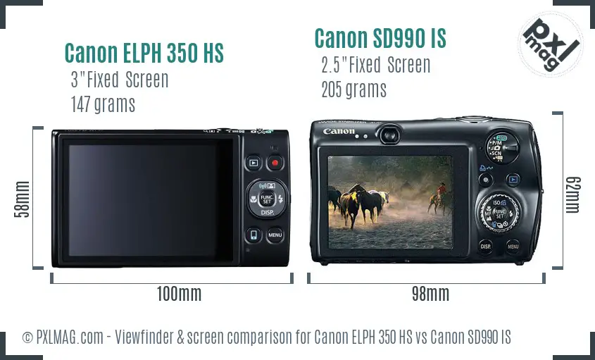 Canon ELPH 350 HS vs Canon SD990 IS Screen and Viewfinder comparison