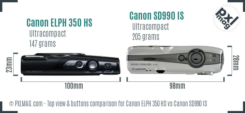 Canon ELPH 350 HS vs Canon SD990 IS top view buttons comparison