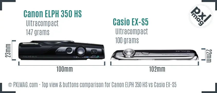 Canon ELPH 350 HS vs Casio EX-S5 top view buttons comparison