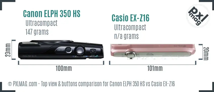 Canon ELPH 350 HS vs Casio EX-Z16 top view buttons comparison