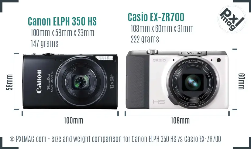 Canon ELPH 350 HS vs Casio EX-ZR700 size comparison