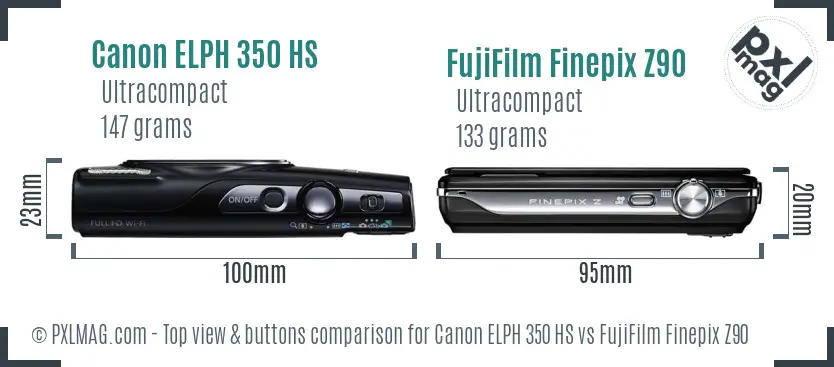 Canon ELPH 350 HS vs FujiFilm Finepix Z90 top view buttons comparison